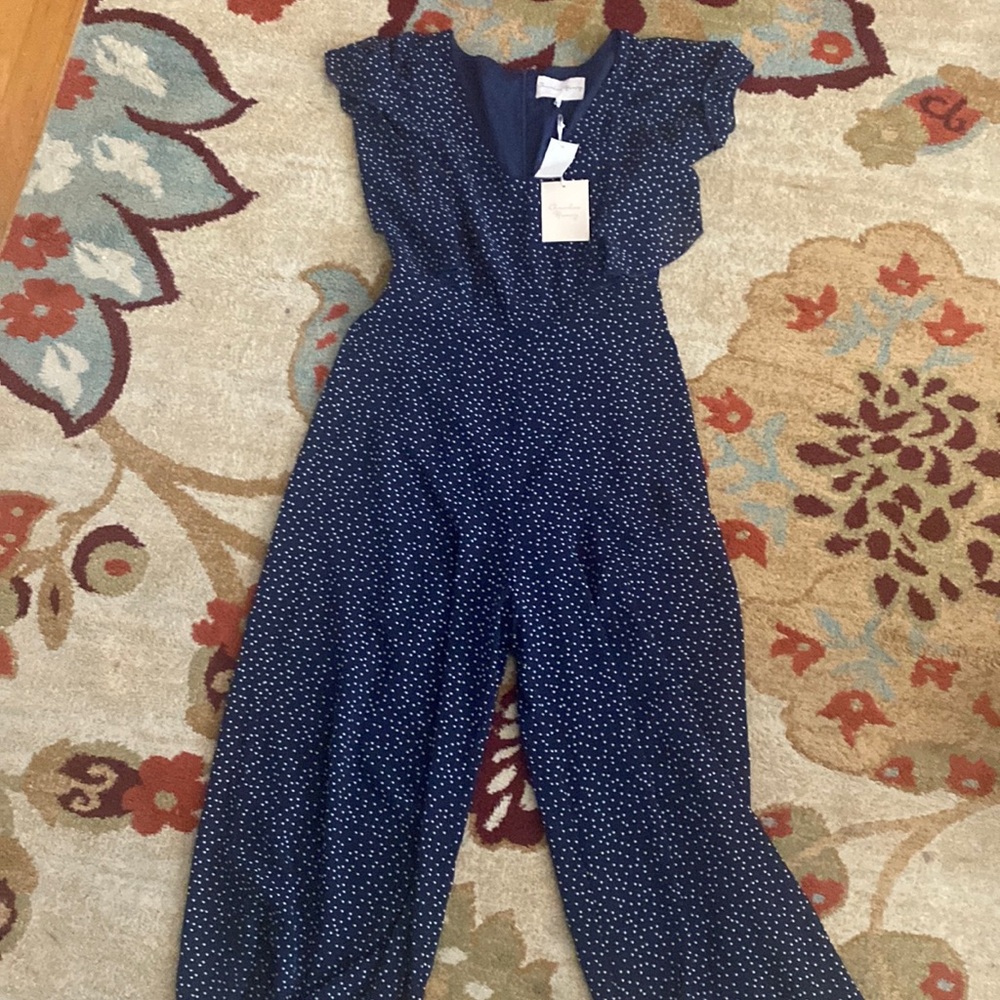 Purchased from Belk…brand Chandler Henry. Navy blue with white dots.